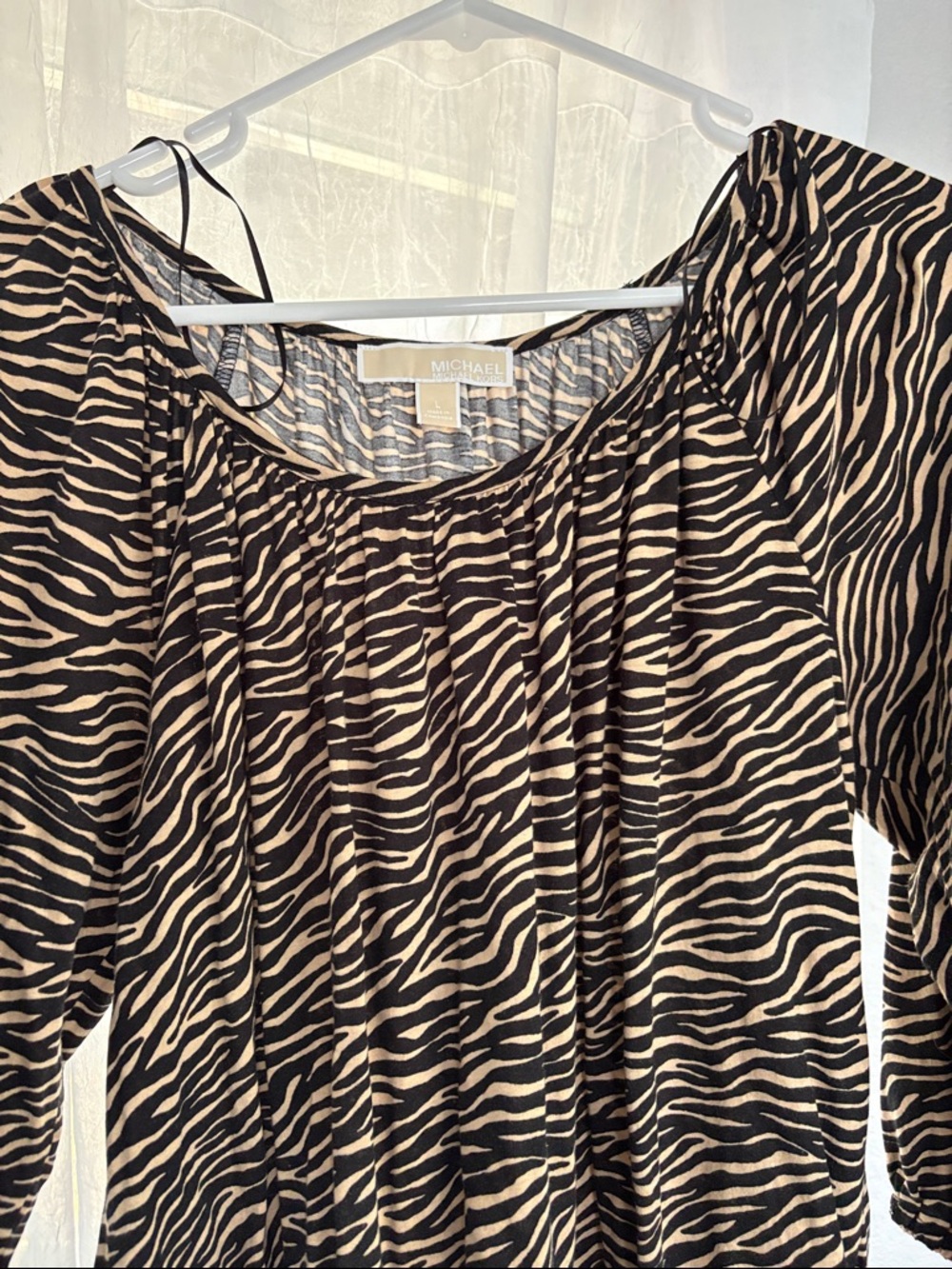 Michael Kors Zebra-Print Scoop Neck Blouse - Black & Cream L
